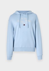 Světle modrá mikina s kapucí, která má šňůrku, dlouhé rukávy, žebrované manžety a přední grafický design s vyšitým textem a logem.