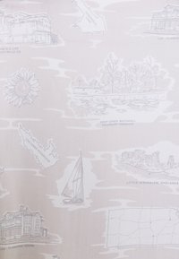 Fabric featuring a light background with outlined illustrations of landmarks, a sailboat, a sunflower, and geographic shapes in grey.