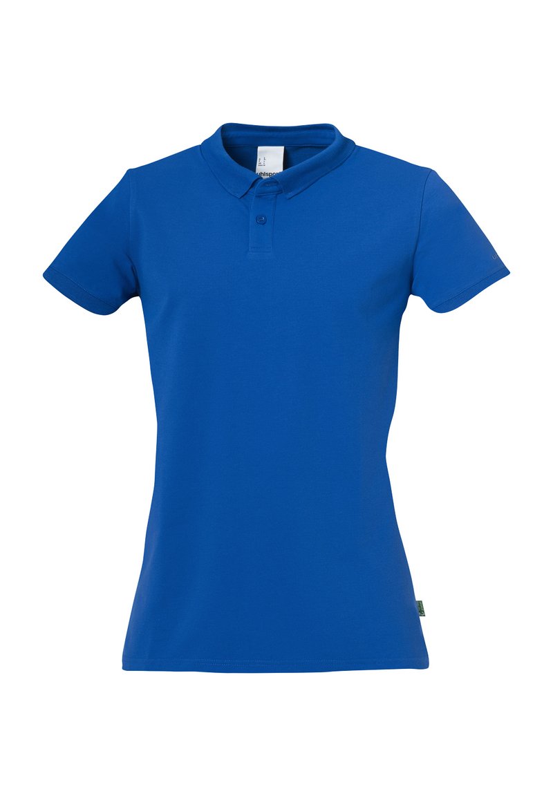 Polo bleu en mélange de coton, avec un col classique, une patte de boutonnage à deux boutons, des manches courtes et une silhouette ajustée.