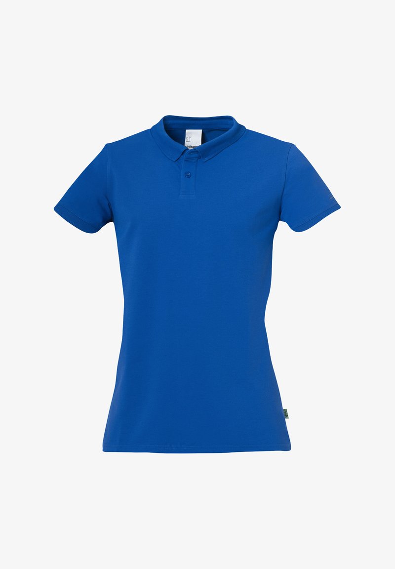 Polo bleu en mélange de coton, avec un col classique, une patte de boutonnage à deux boutons, des manches courtes et une silhouette ajustée.