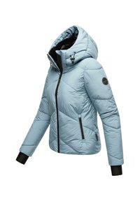 Light blue puffer jacket with a hood, featuring a quilted design, black accents, and zippered pockets. Soft interior lining visible.