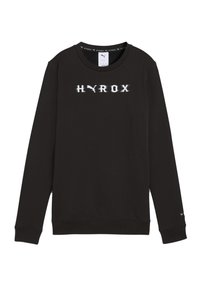 Čierna mikina vyrobená z bavlneného zmesového materiálu, s okrúhlym výstrihom, dlhými rukávmi a bielym roztrhnutým logom "HYROX" na prednej strane.