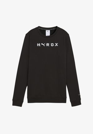 Black sweatshirt made of cotton blend, featuring a crew neck, long sleeves, and a white distressed "HYROX" logo on the front.