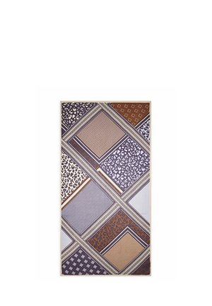 Scarf with geometric patchwork design featuring animal prints, zigzag, and leaf patterns in brown, beige, and dark blue colors.