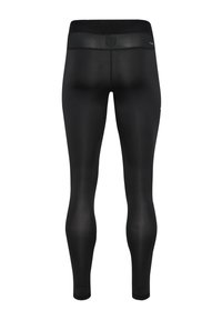 Schwarze Sportleggings mit einer glatten, eleganten Textur, hohem Bund und einem Mesh-Einsatz, körpernahe Passform, die sich zum Knöchel hin verjüngt.