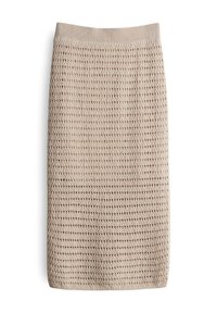 Strick-Bleistiftrock in Beige, mit einem offenen Gewebemuster, geripptem Bund und gerader Silhouette. Ideal für lässige oder semi-formelle Anlässe.