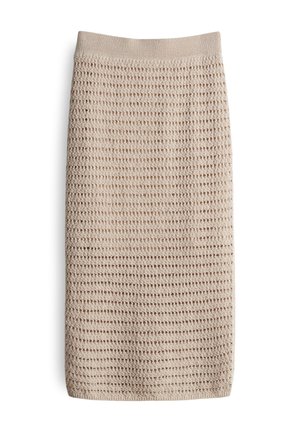 Knit pencil skirt in beige, featuring an open weave texture with a ribbed waistband and straight silhouette. Ideal for casual or semi-formal wear.