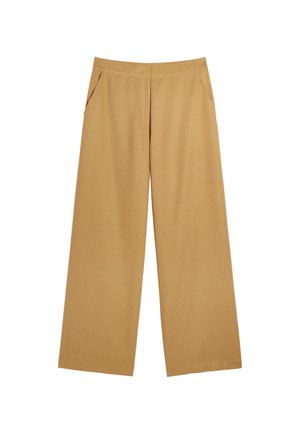 Spodnie o szerokich nogawkach w jasnobrązowym kolorze, wykonane z miękkiego materiału, z dwoma bocznymi kieszeniami oraz luźnym krojem.