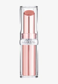 L'Oréal Paris läppstift i genomskinlig tub; kulspets i mjuk rosa med metalliska rosaguldaccenter; cylindrisk form; jämn textur; logotyp präglad på locket.