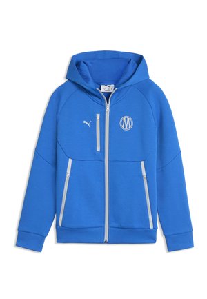 Blå hættetrøje med lynlås og hætte, tre hvide lynlåslommer, Puma-logo og et rundt emblem på brystet, vist på hvid baggrund.