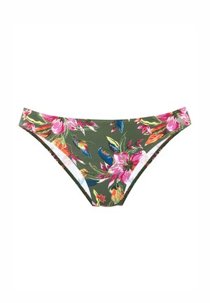 Slip bikini verde oliva con grande stampa floreale rosa, blu, arancione e gialla e taglio a vita bassa.
