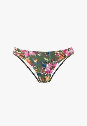 Olijfgroene bikinibroek met grote roze, blauwe, oranje en gele bloemenprint en een lage taille.