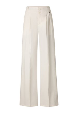 Cremefarbene, hoch taillierte, weit geschnittene Hose mit vorderen Falten, Gürtelschlaufen und doppeltem Knopfverschluss.