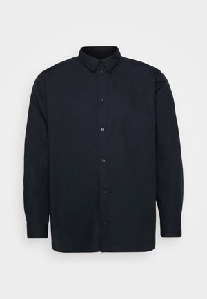 Black button-up shirt made of cotton, featuring a classic collar, long sleeves, and seven front buttons. Smooth texture, no notable patterns.