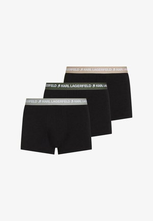 Tre sorte bokserbriefs til mænd med elastiske taljebånd i beige, grøn og grå, hver mærket med "KARL LAGERFELD" tekst og logo.
