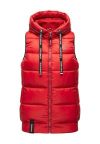 Röd vadderad väst med huva, med en framdragkedja, två svarta snoddar och sidofickor. Materialet verkar glänsande och isolerat.