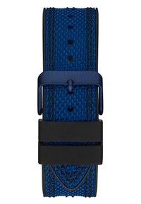 Correa de reloj tejida en azul con acentos negros; presenta múltiples agujeros, una hebilla azul mate y un diseño texturizado para mejorar el agarre.
