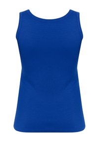 Débardeur bleu en coton extensible ; possède un col rond et une conception sans manches ; texture lisse sans motifs ni accents.