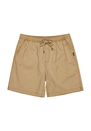 Beige cotton shorts with an elastic waistband and drawstring, featuring side pockets and a relaxed fit. Simple, smooth texture without patterns.