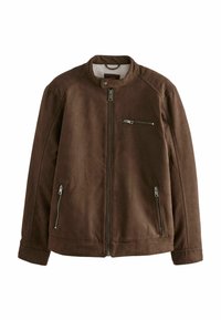 Brūns mākslīgā zamšādas uzvalks ar stāvo apkakli, priekšējo rāvējslēdzēju un divām sānu kabatām. Iezīmēts ar ribotiem piedurkņu galiem un mīkstu, teksturētu odere.