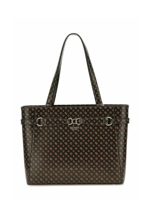 Shopping bag in materiale sintetico nero con motivo monogramma marrone, hardware color argento e doppi manici per le spalle.