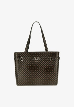 Shopping bag in materiale sintetico nero con motivo monogramma marrone, hardware color argento e doppi manici per le spalle.