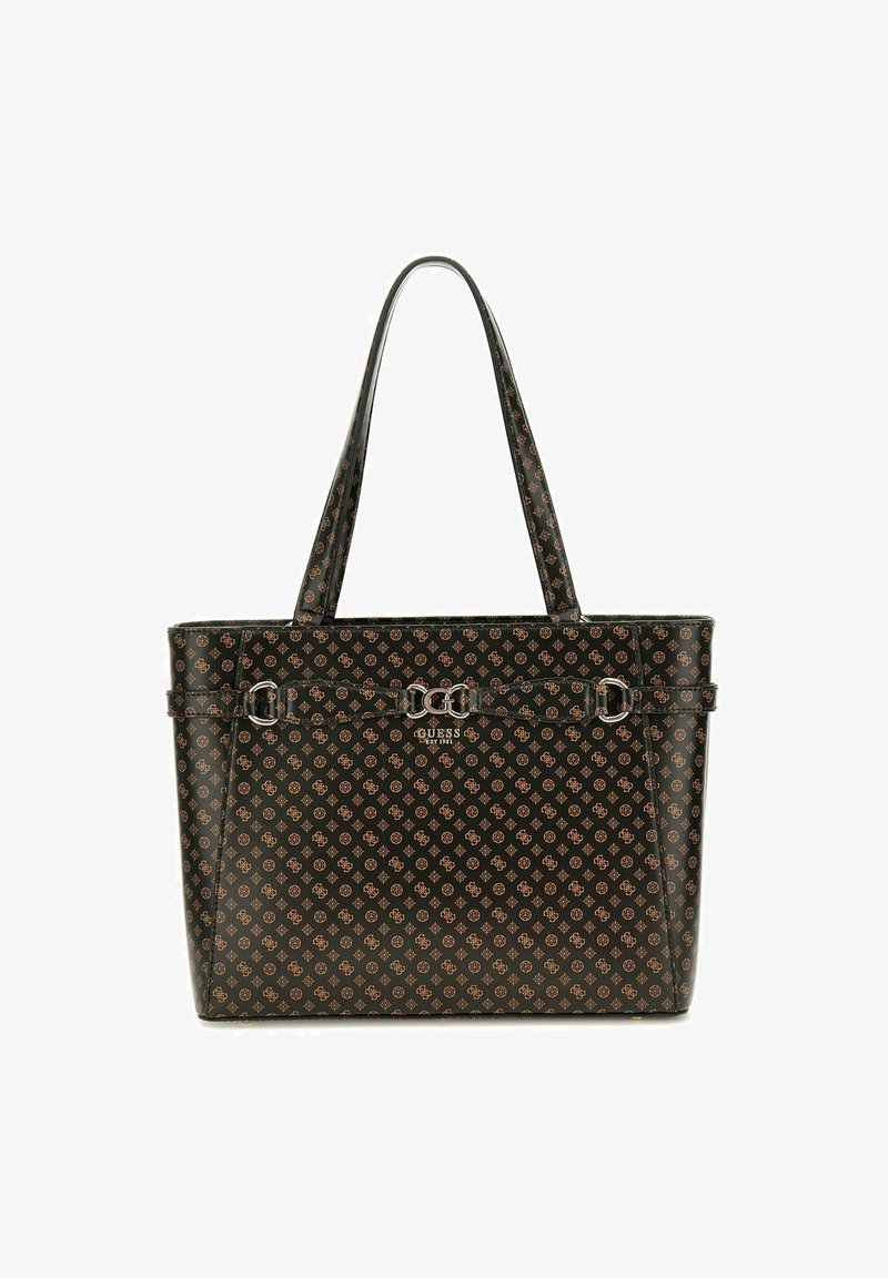 Shopping bag in materiale sintetico nero con motivo monogramma marrone, hardware color argento e doppi manici per le spalle.