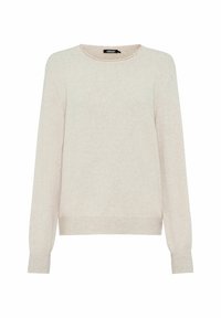 Hellbeiger gestrickter Pullover mit langen Ärmeln, Rundhalsausschnitt und gerippten Bündchen und Saum. Weiche Textur mit einem dezenten melierten Muster.