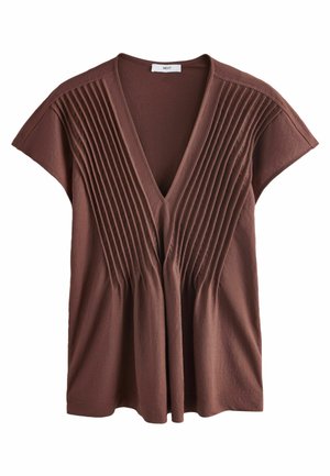 Brown v-neck top with short sleeves, featuring vertical pleats along the front. Made of soft, textured fabric. Minimalist design.