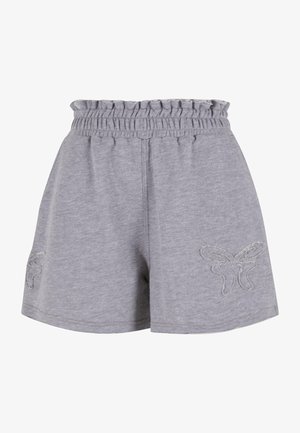 Graue Baumwollmischungshorts mit einem elastischen Bund, versehen mit einer strukturierten Schmetterlingsstickerei auf der linken Seite.
