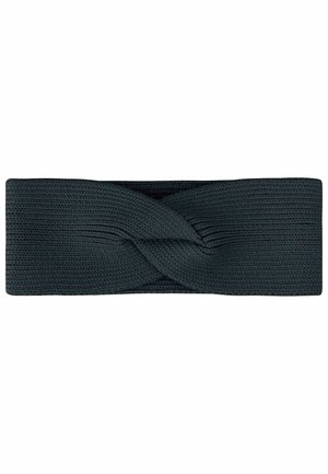 Donkergrijze gebreide stoffen hoofdband met een gedraaid knoopontwerp in het midden, plat weergegeven op een witte achtergrond.