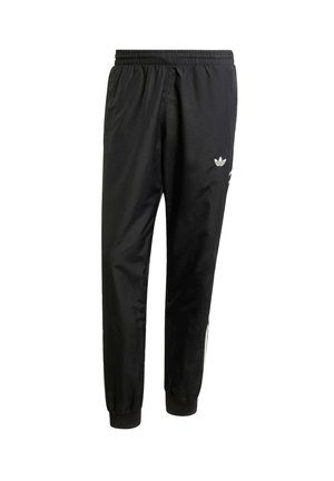 Czarne spodnie dresowe Adidas z elastyczną talią i ściągaczami, z białym logo Adidas na udzie oraz trzema białymi paskami po bokach.