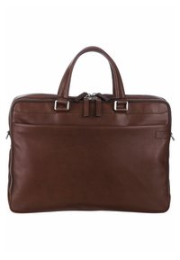 Borsa per laptop in pelle marrone con manici doppi, tasca frontale con zip e hardware in tonalità argentata. Texture liscia e design rettangolare.