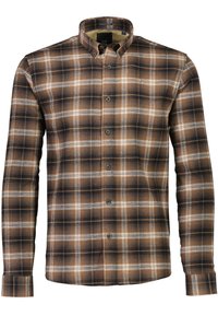 Braun- und schwarz-karierter Hemd mit Button-Down-Kragen, langen Ärmeln und grauen Knöpfen; zeigt horizontale und vertikale Streifen in einem karierten Muster.