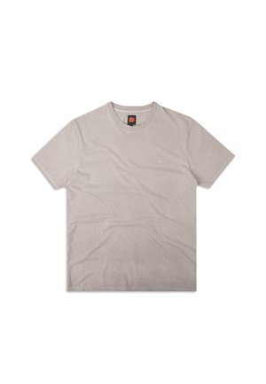 Camisa de talla corta gris de manga corta, hecha de algodón, con un cuello redondo, que presenta un sutil logo de elefante bordado en el pecho.