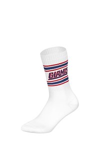 Biała skarpeta typu crew z prążkowaną fakturą, z czerwonymi i niebieskimi paskami u góry oraz logo "GIANTS" w granatowym kolorze na środku.