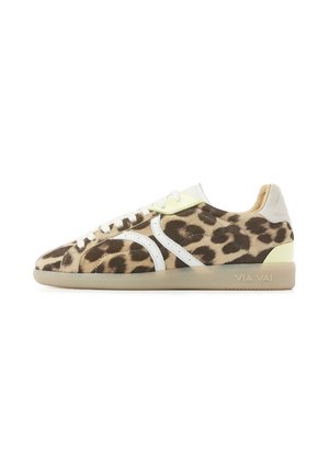 Low-top sneaker with leopard print, white laces, white side design accents, beige sole, and "VIA VAI" branding on the sole heel.