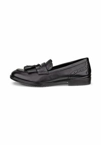 Svarta läderloafers med rund tå, dekorativa kvastar, broguedetaljer längs sidorna och en låg, platt klack.
