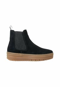 Svarta mocka Chelsea-boots med elastiska sidopaneler och en texturerad gummisula. Har en dragflik och en elegant, minimalistisk design.