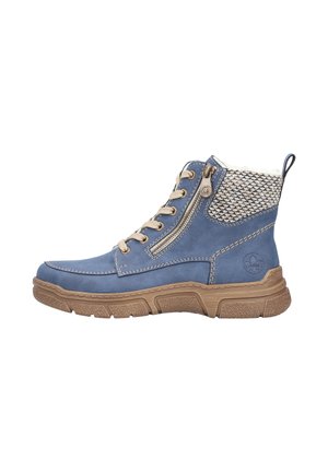 Blue stylish ankle boots made of leather, featuring a textured knit pattern on the upper, laces, zip closure, and a rubber sole.