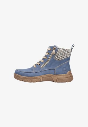 Elegante blaue Stiefeletten aus Leder mit einem strukturierten Strickmuster im oberen Bereich, Schnürsenkeln, Reißverschluss und einer Gummisohle.