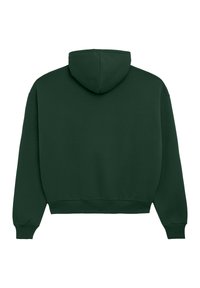 Mørkegrønn hettegenser med kengurulomme, ribbestrikkede mansjetter og kant, samt snor i hetten. Glatt tekstur, enkel og funksjonell design.