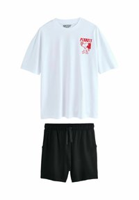 White cotton t-shirt with red "Peanuts" graphic and cartoon. Black elastic waist shorts with side pockets. Simple and casual design.