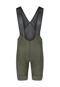 Men's cycling shorts in dark olive green. Features a mesh back and padded seat area. Made from stretchy, moisture-wicking fabric.