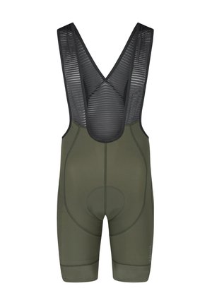 Shorts de cyclisme pour hommes en vert olive foncé. Dotés d'un dos en maille et d'une zone de siège rembourrée. Fabriqués en tissu extensible et évacuant l'humidité.