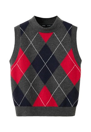 Gilet en tricot sans manches avec un grand motif losanges en gris, marine et rouge, avec un col rond et un ourlet côtelé.