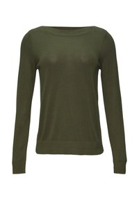 Sweter z długim rękawem w ciemnozielonym kolorze. Wykonany z lekkiej dzianiny, posiada okrągły dekolt oraz ściągacze przy mankietach i u dołu.