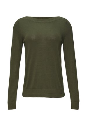 Pull à manches longues de couleur vert foncé. Fabriqué en tricot léger, il présente un col rond ainsi que des poignets et un ourlet côtelés.