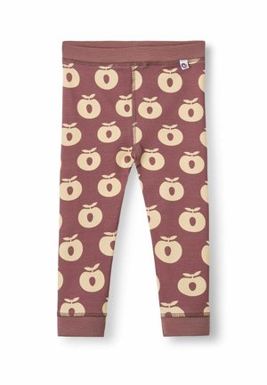 Braune Kinderleggings mit einem sich wiederholenden beigen Apfelmuster und einem kleinen Stoffetikett am Bund vor weißem Hintergrund.
