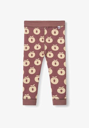 Leggings marron pour enfants avec un motif pomme beige répétitif et une petite étiquette en tissu à la taille sur fond blanc.